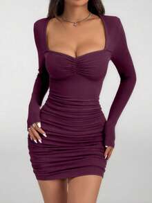 SHEIN Tall 心形领蕾丝边褶皱修身黑色紧身连衣裙 - 紫色 - 查看 2