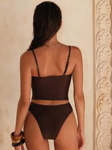 Swim Chiccia Asymmetrical U-Shaped 3-Tier Brown Vacation Beach Elegant Mature Bikini Top - Brown - View 2