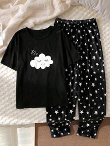 SHEIN Bộ đồ ngủ 2 món cho bé gái tuổi teen, gồm áo thun cổ tròn và quần ống rộng in hình mây và sao, thích hợp mặc ở nhà vào mùa xuân/hè. - Đen và trắng - Xem 1