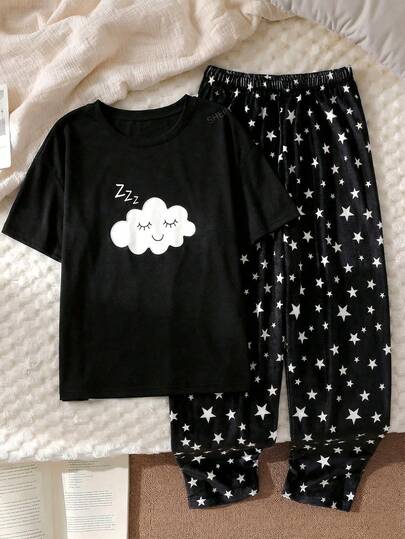 SHEIN Bộ đồ ngủ 2 món cho bé gái tuổi teen, gồm áo thun cổ tròn và quần ống rộng in hình mây và sao, thích hợp mặc ở nhà vào mùa xuân/hè.