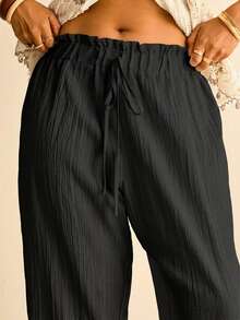 Freevana Plus Size Women's Solid Color Waist Tie Straight Leg Casual Pants - Black - View 5