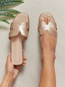 SHUZIA Dép lê nữ bán chạy nhất mọi thời đại, kiểu dáng sang trọng, khoét hở ngón, chất liệu PU màu vàng hồng dập nổi. - Hoa hồng vàng - Xem 2