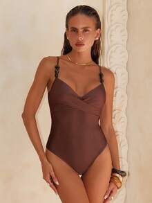 Swim Chiccia 1pc Beaded Halter Neck Sexy One-Piece Swimsuit With Underwire, Summer - Coffee Brown - View 3