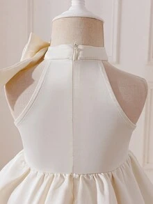 SHEIN 女婴夏季缎面可爱纯色蝴蝶结腰带无袖连衣裙 - 杏色 - 查看 3