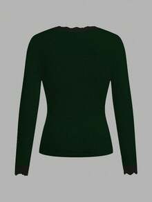 SHEIN EZwear 休闲深V领蕾丝边修身长袖T恤，适合秋冬季穿着 - 墨綠色 - 查看 3