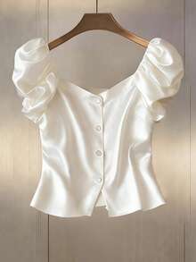 GlowEve Women's Apricot Satin Smooth Fabric Asymmetrical Collar Open Front Button Design Short Sleeve Elegant Blouse, Suitable For Birthday Gift, Date, Party, Valentine's Day, Easter, Labor Day, Work, School, Travel, Spring/Summer - Apricot - View 1