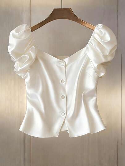 GlowEve Women's Apricot Satin Smooth Fabric Asymmetrical Collar Open Front Button Design Short Sleeve Elegant Blouse, Suitable For Birthday Gift, Date, Party, Valentine's Day, Easter, Labor Day, Work, School, Travel, Spring/Summer