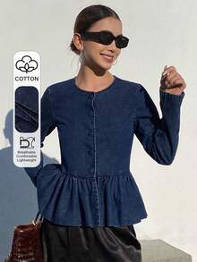 DAZY 女士圆领单排扣荷叶边下摆休闲百搭通勤长袖牛仔外套 - 藍色 - 查看 1