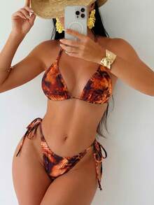 SHEIN Swim SXY 3件套女士棕色豹纹随机图案露背系带露脐上衣和侧系带比基尼泳裤，搭配网纱短裤，性感沙滩泳装套装，情人节女士服装，夏季度假服装 - 彩色 - 查看 3
