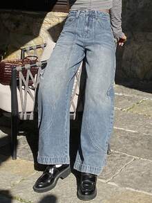 DAZY 女士开衩筒形休闲牛仔裤，都市街头风 - 中等水洗藍 - 查看 6