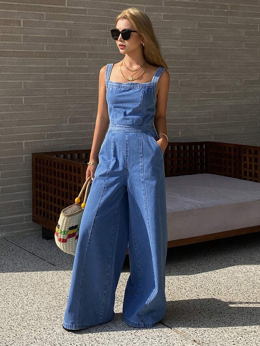 DAZY Women's Sleeveless Cinched Waist Loose Jumpsuit, Casual City Vacation Style, Washed - Medium Wash - View 1