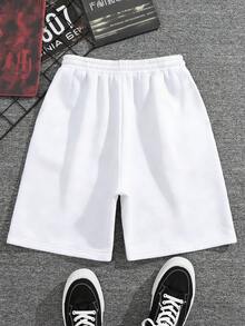 Manfinity 男士松紧腰抽绳字母印花休闲短裤，夏季 - 白色 - 查看 2