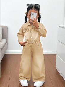 SHEIN 女童蓝色牛仔衬衫式宽松连体裤 - 卡其色 - 查看 1