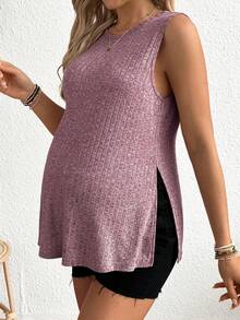 SHEIN Áo tank top 2 trong 1 dành cho bà bầu, màu trơn, cổ tròn, xẻ tà bên hông, chất liệu gân, phù hợp cho cả trước và sau sinh. - Đỏ - Xem 6