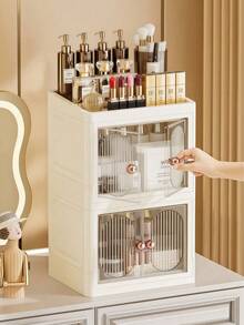 Foldable Makeup Organizer With Doors - Portable Desktop Storage Box For Cosmetics, Skincare, Multi-Layer & Collapsible - Multicolor - View 10