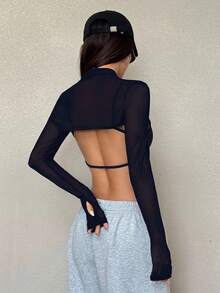 SHEIN EZwear Black Sheer Mesh Turtleneck Tight Top - Navy Blue - View 2