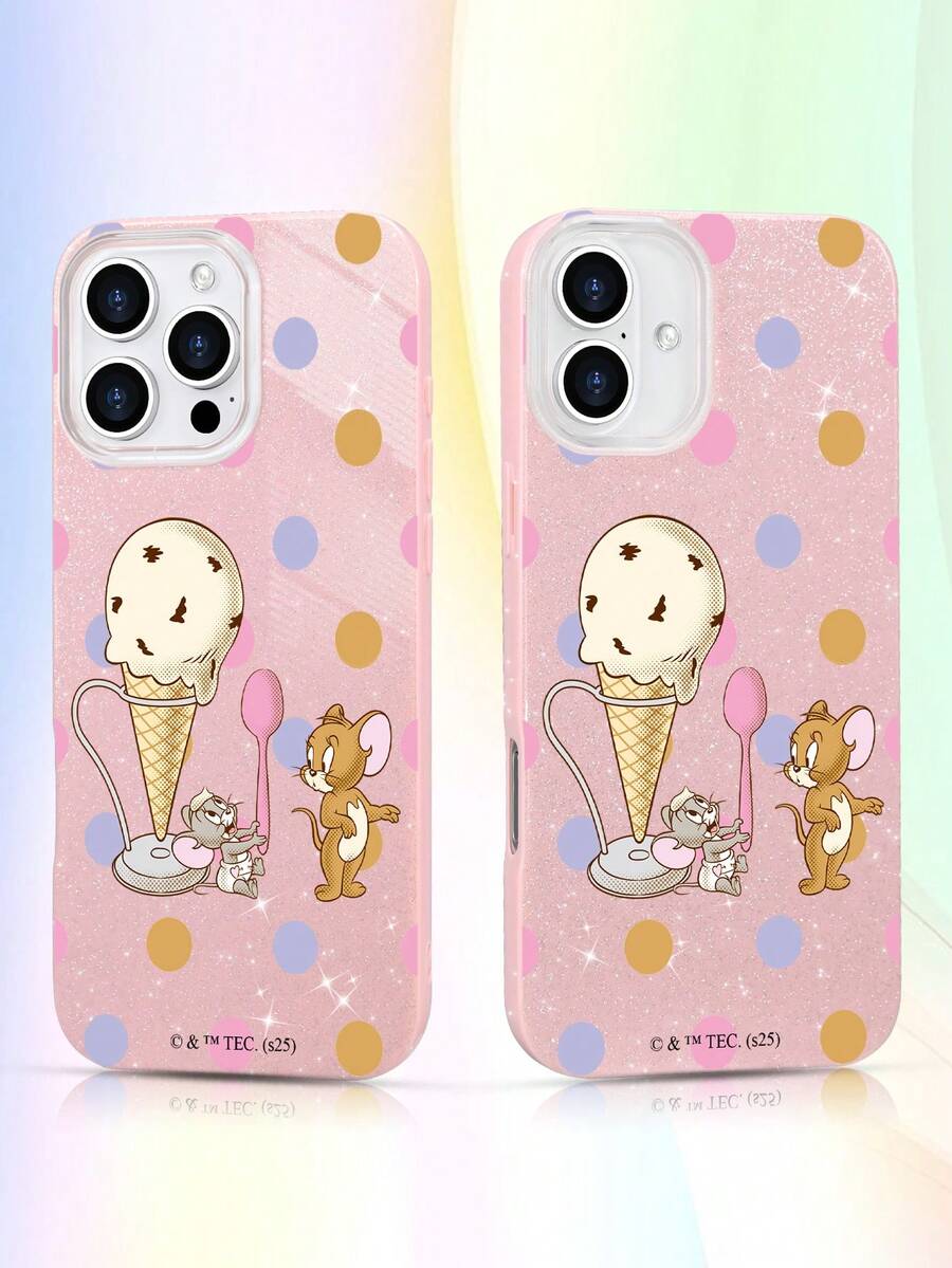 TOM & JERRY X SHEIN 1pc Cartoon Pattern & Ice Cream & Polka Dot Pattern Glitter Phone Case | Creative, Cute & Playful Style | Perfect Gift For Boyfriend, Friends, Besties, Family, Brothers, Colleagues, Dustproof And Waterproof | Compatible With IPhone 16/15/14/13/12/11/Pro/Pro Max/X/XR/XS/XS Max/7/8/Plus - powder - View 1