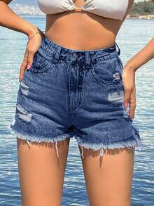 EURMUSE 100%Cotton Back Label Detailed Short With Destroy - Medium Wash - View 3