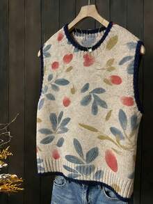 EMERY ROSE 春夏时尚休闲度假沙滩装女装加大码印花毛衣背心，撞色滚边，加大码女式沙滩度假服饰 - 灰色 - 查看 3