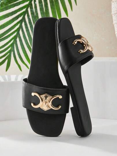 SHUZIA New Women's Black Square Toe Thick Band Gold Decor Sandal Comfort Holiday Walking Chic Vacation Spring Summer Beach Fun