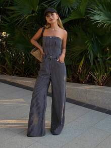 DAZY Striped Waist Bandeau Women's Denim Jumpsuit - Black and White - View 3