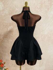 Xyvia Women's Spring/Summer New Sexy Clubbing Party Dress, Pearl Trim Halter Neck Tie Design, Versatile For Date, Party, Commute, Black Mini Dress - Black - View 2