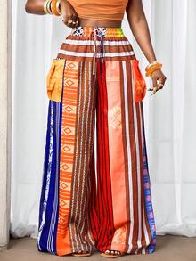 SHEIN BamGlam Pantalones rectos con estampado de rayas de colores para mujer, perfectos para vacaciones en la playa - Multicolor - Ver 4