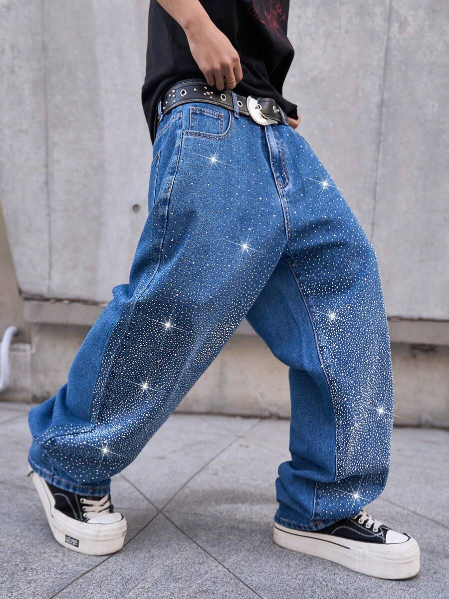 Manfinity EMRG Jeans holgados con bolsillos en diagonal y decoración de rhinestones, para uso casual diario de hombres - Azul - Ver 1
