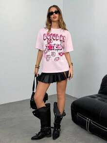 Tetris™ X SHEIN Áo thun nữ cổ tròn, vai rớt, in chữ, kiểu dáng thường ngày, thích hợp cho mùa hè. - trắng - Xem 3