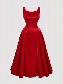 SHEIN MOD Đầm midi dáng chữ A màu đỏ hở lưng thắt nơ, cỡ lớn, kiểu vintage, thích hợp làm đầm cưới, đầm hẹn hò, đầm ngày Valentine. - Đỏ - Xem 2