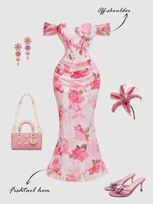 SHEIN MOD 梦幻浪漫郁金香印花长款鱼尾连衣裙，配有抹胸设计——完美适用于度假、约会、野餐、派对、舞会、节日和生日穿着；浪漫又可爱 - 粉色 - 查看 2