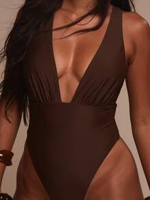 Musera Resort Plunge Neckline Wrap Tie Belt Detail Thong Swimsuit Swim Vacation Holiday Summer Travel Beachwear Terra Sol - Coffee Brown - View 6