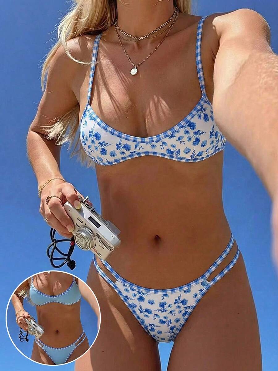 Swim Mod 春夏新款欧美甜美花卉撞色格纹双面两件式泳衣套装，抽绳设计，挂脖三点式高腰比基尼泳裤，白色底色搭配蓝色碎花图案，撞色滚边，胸部支撑设计，性感比基尼泳装，适合海滩、泳池、生日派对等场合，图案比基尼，度假比基尼，星形比基尼，日光浴比基尼。 - 彩色 - 查看 1
