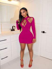 BamGleam 女士纯色镂空修身性感长袖连衣裙 - 玫紅色 - 查看 1