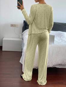 DAZY 2pcs Polka Dot Print Cardigan Long Sleeve & Straight Leg Pants Women Pajama Set, Spring - Mint Green - View 2