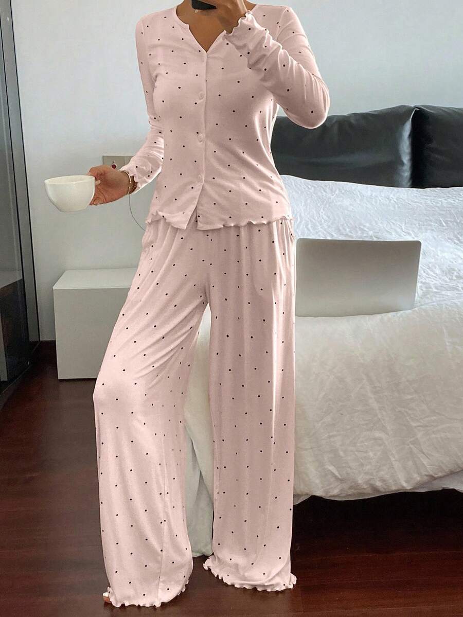 DAZY 2件套女士波点印花修身开衫长袖直筒裤睡衣套装,春季 - 淺粉色 - 查看 1