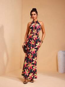 JIAN LASALA Multicolor Tropical Floral Print Halter Sleeveless Backless Long Dress Women Summer Elegant - Multicolor - View 5