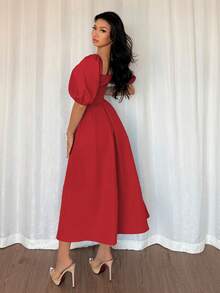 Elenzga Women's Red Summer Elegant Party Dress,Minimalist Solid Color Crew Neck Ruffle Hem A-Line Puff Short Sleeve Dress,Suitable For Office,Commute,Casual - Red - View 2