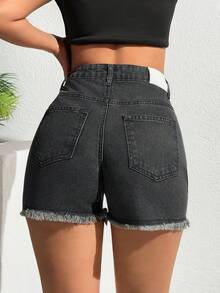 EURMUSE Shorts jeans femininos casuais para férias, uso diário, moda urbana chique e minimalista, cintura alta e barra desfiada, verão. - Lavagem Média - Ver 2