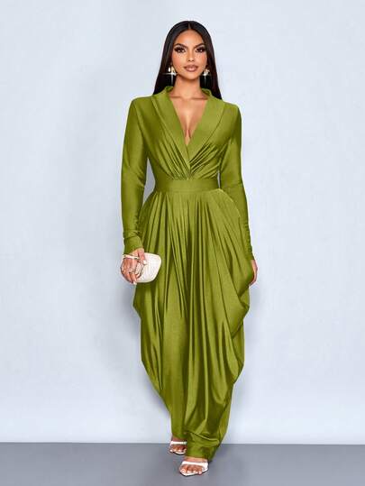 SOLERSUN Women's Elegant Loose Coffee Shawl Collar Deep V Neck Long Sleeve Pleated Pocket Structure Elastic Waistband Harem Jumpsuit