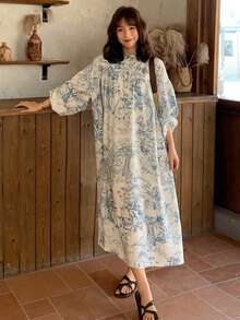 FRIFUL 女士印花蓝色褶皱喇叭袖宽松休闲连衣裙，婚礼宾客礼服，女士吊带裙 - 藍色 - 查看 5