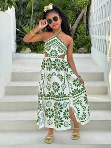 Tween Girls' Floral Print Casual Sleeveless Summer Dress,Mothers Day Outfit,Graduation,Mommy And Me Matching Outfits - Green - View 5