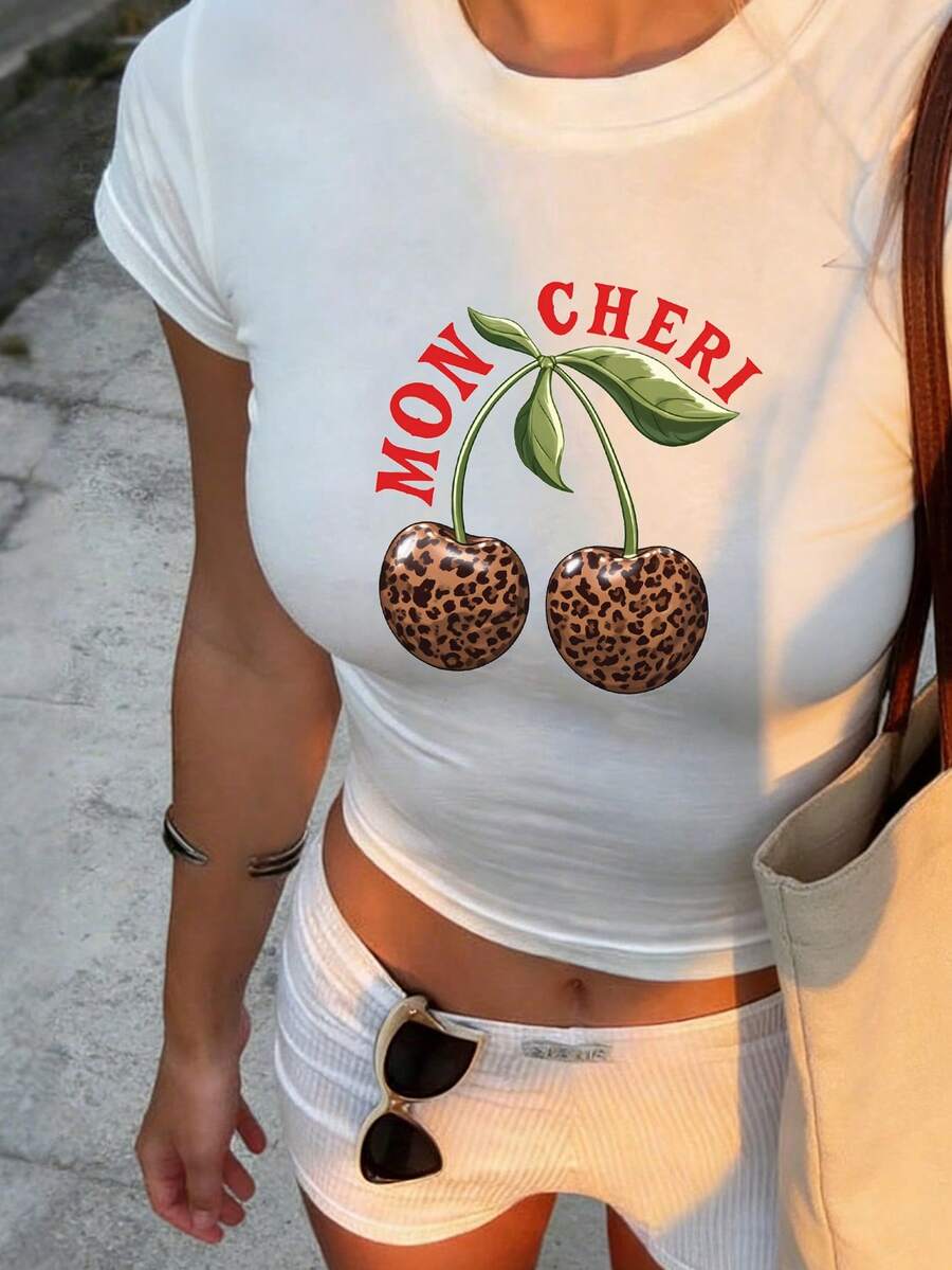Sundraya Camiseta corta de mujer de cuello redondo y manga corta con estampado de letras y cerezas - Blanco - Ver 1