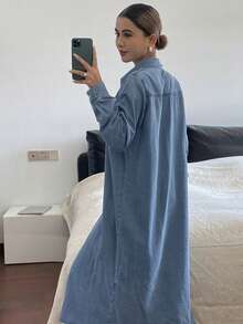 Livesso 复古水洗原色中长直筒牛仔连衣裙，宽松休闲商务办公装，适合秋、冬、春季穿着。 - 中等水洗藍 - 查看 3