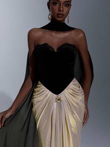 Elitara Elegant, Luxurious, Fashionable, Sexy Black And White Contrast, Velvet Fabric, Coated Fabric, Strapless, Waist Metal Decor Buckle, Fishtail Skirt, Trailing, (Detachable Halter Flounce) Suitable For Vacation, Wedding, Bachelorette Party, Formal Ball Gown, Formal Dinner Dress - Black and White - View 6