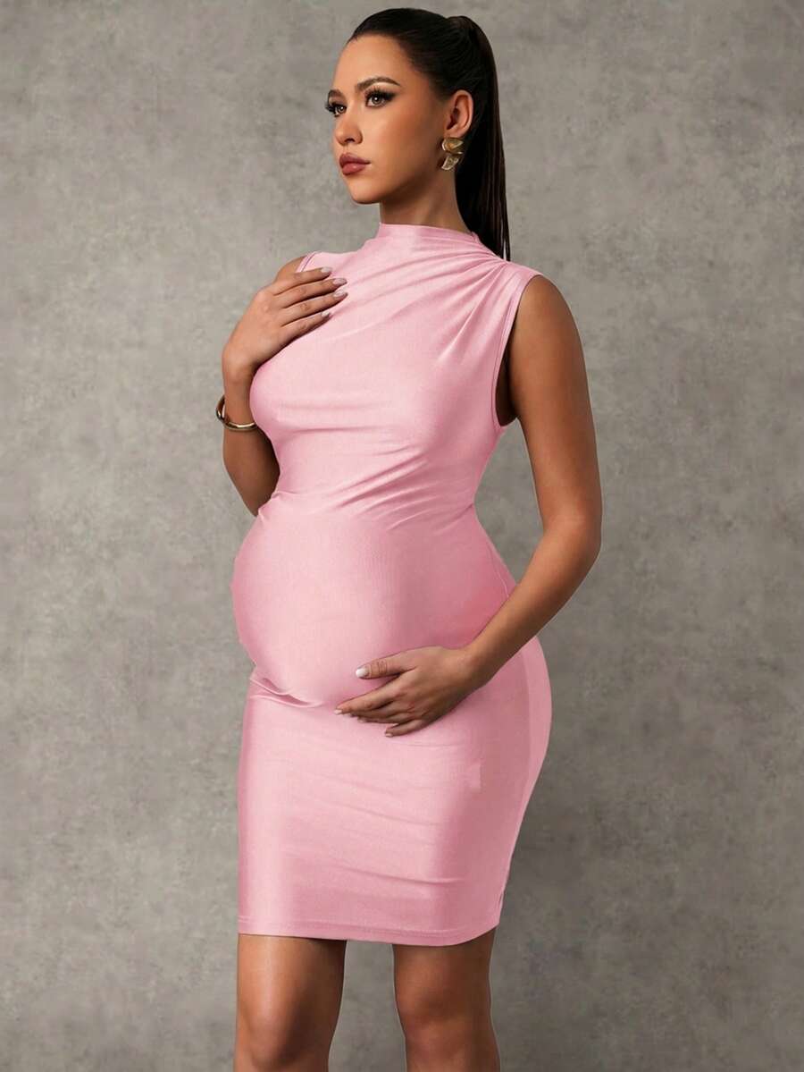 MaterniChic Maternity Solid Color Pleated Collar Fitted Sleeveless Dress - Baby Pink - View 1
