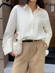 Solavon Áo sơ mi dài tay cài nút màu trơn thường ngày dành cho nữ - Màu be - Xem 5