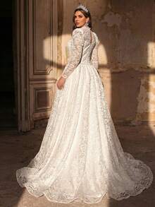 Glamrae Plus Size Elegant Romantic White Splice Skin-Tone Stand Collar Long Sleeve Sheer Lace A-Line Palace Style Bridal Wedding Dress, Valentine's Day - White - View 4