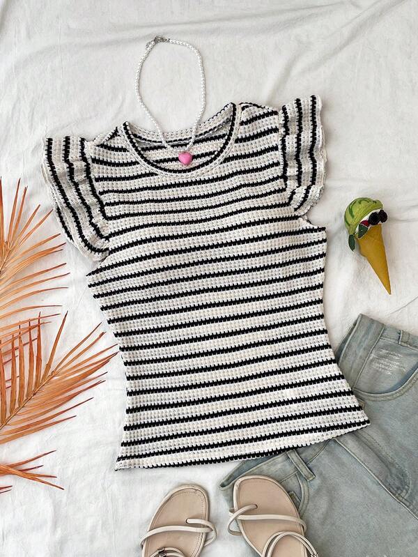 SHEIN Teen Girls T-Shirts Casual Colorblock Striped Ruffle Sleeve T-Shirt, Suitable For Party, Date, Bohemian, Boho, Vacation, Fall