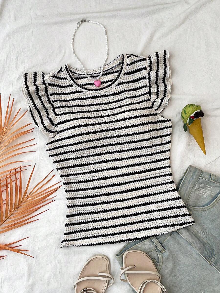 SHEIN 少女休闲撞色条纹荷叶边袖T恤,适合派对、约会、波西米亚风、度假、秋季穿着 - 黑與白 - 查看 1